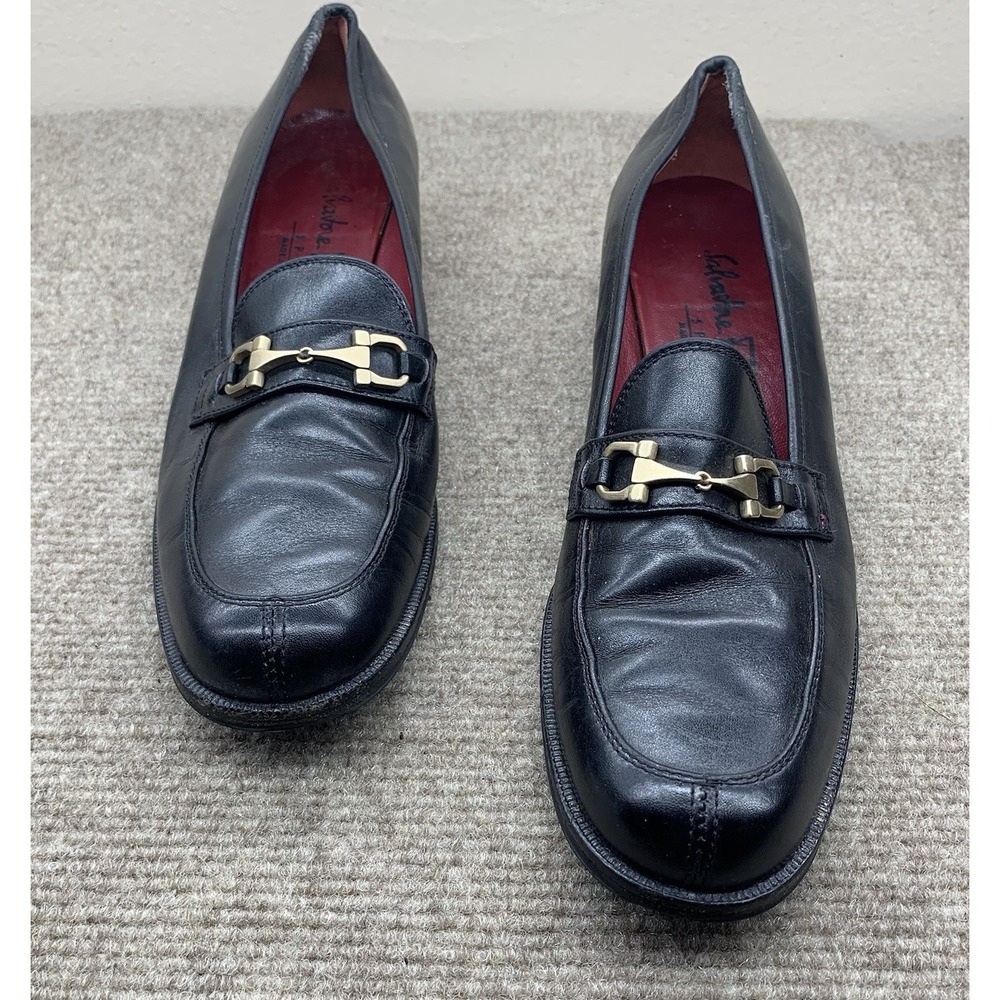 Vtg Salvatore Ferragamo Womens Horsebit Loafers 6.5 AA Black Leather Gold Italy
